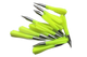 A collection of neon green darts with silver tips, arranged in a cluster.