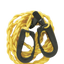 A coiled yellow bungee clothesline with black plastic hooks.