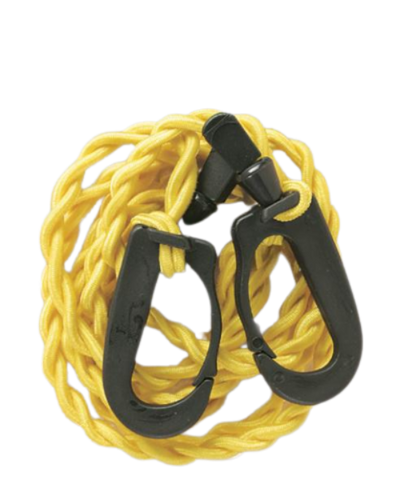 A coiled yellow bungee clothesline with black plastic hooks.