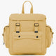 A beige canvas webbing backpack with multiple pockets and adjustable straps, displayed against a plain background.