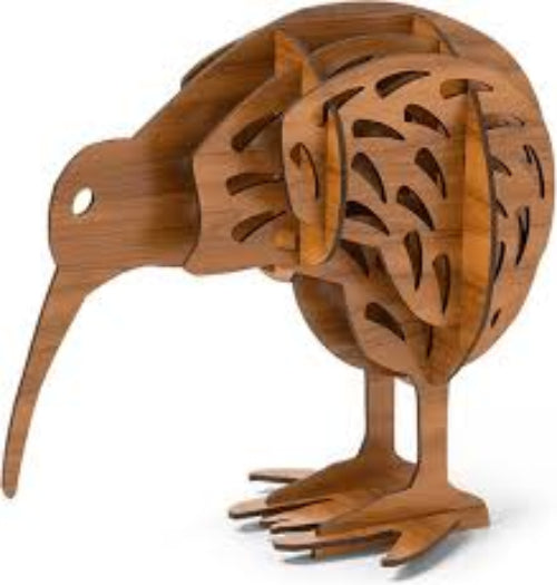 A flat pack wooden model kit of a New Zealand icon, depicting a kiwi bird.