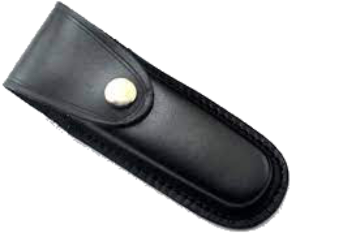 A black cow leather pocket knife pouch with a snap button.