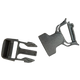 Two black plastic snap bar repair buckles, one with a tongue and slot design and another with a bar and hole design for attachment.