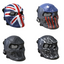 A collection of four skull mesh masks used for airsoft, displaying various designs including a Union Jack and a red skull pattern.
