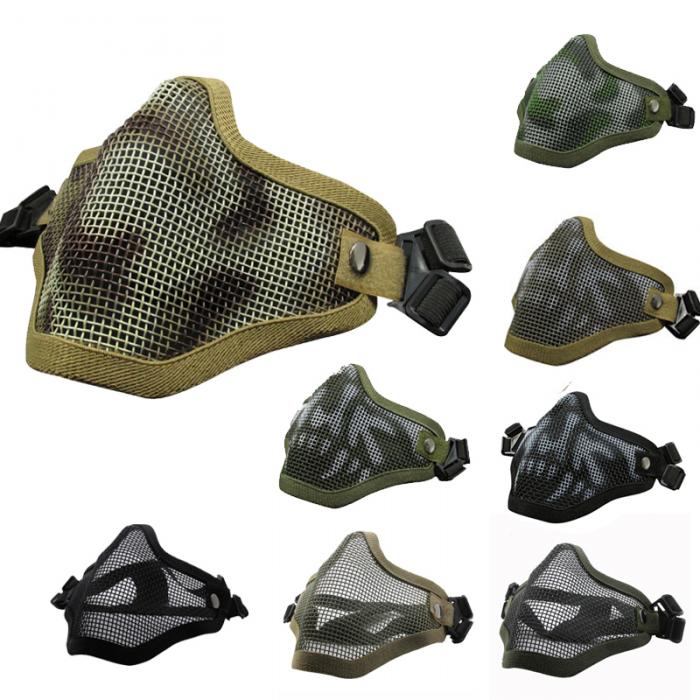 A collection of steel mesh half face masks in various colors, designed for airsoft protection.