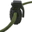 A hand grenade-shaped cord lock, predominantly black, fastened to a green cord.