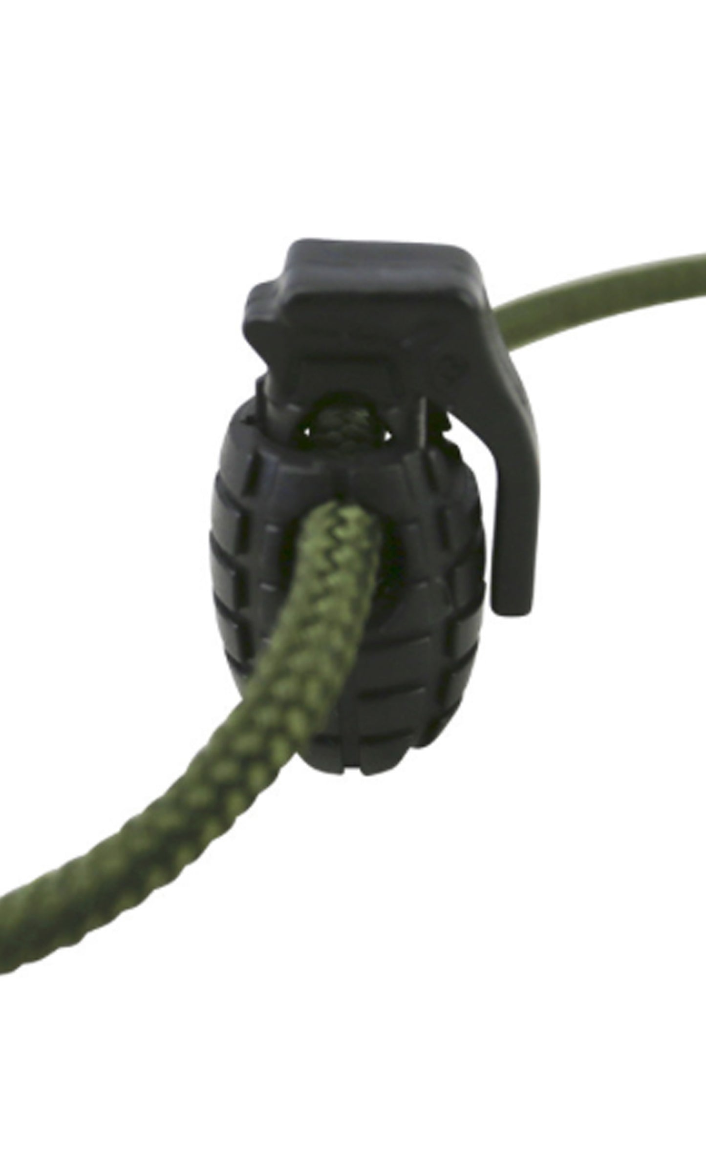 A hand grenade-shaped cord lock, predominantly black, fastened to a green cord.