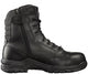 A black leather combat boot with a side zipper, lace-up closure, and a Michelin outsole.
