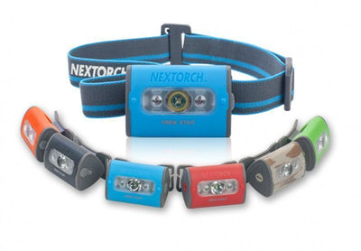 A collection of Nextorch Trek Star 220L LED headlamps in various colors displayed around a central unit with a blue strap.