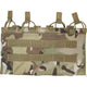 A camouflage-patterned quad mag sleeve with multiple quick-release open top pouches and a MOLLE attachment system.