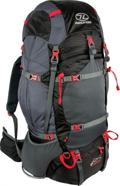 A black and gray Highlander Ben Nevis backpack with red zippers and straps, designed for hiking and camping, featuring multiple compartments and external pockets.