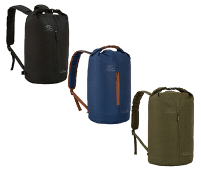 Three Highlander Urban RockHopper DaySack backpacks in black, blue, and green colors, displayed upright with visible brand logo.