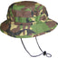A Special Forces hat with a camouflage pattern, small tailored brim, and an adjustable chin strap.