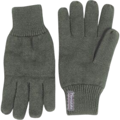 A pair of green Thinsulate gloves designed for cold weather use, suitable for outdoor activities.