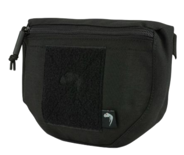 Black waist bag with a visible brand logo on a white background