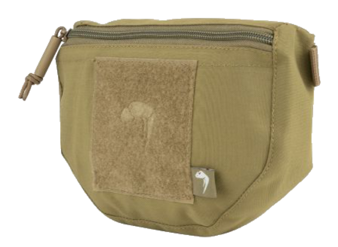Kaki green tactical pouch with a patch on a white background