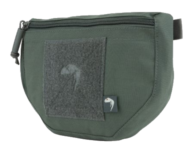 Green pouch with a patch and logo on a white background