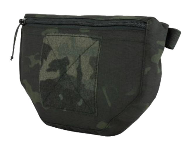 Black tactical pouch with camouflage patch on a white background